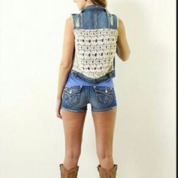 FREE PEOPLE Distressed Denim Vest with Crochet Back M 19" p2p EUC - Picture 8 of 12